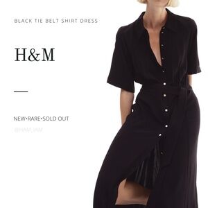 NEW SOLD OUT H&M Black & Gold Button Long Midi Tie Belt Shirt Dress